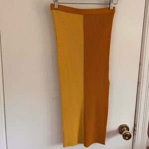STAUD Two-Tone Ribbed Midi Skirt in Yellow and Orange